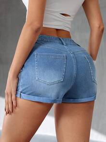 Flexra Quần short denim dáng ôm, chất liệu denim mài, thích hợp mặc mùa hè. - Rửa nhẹ - Xem 2