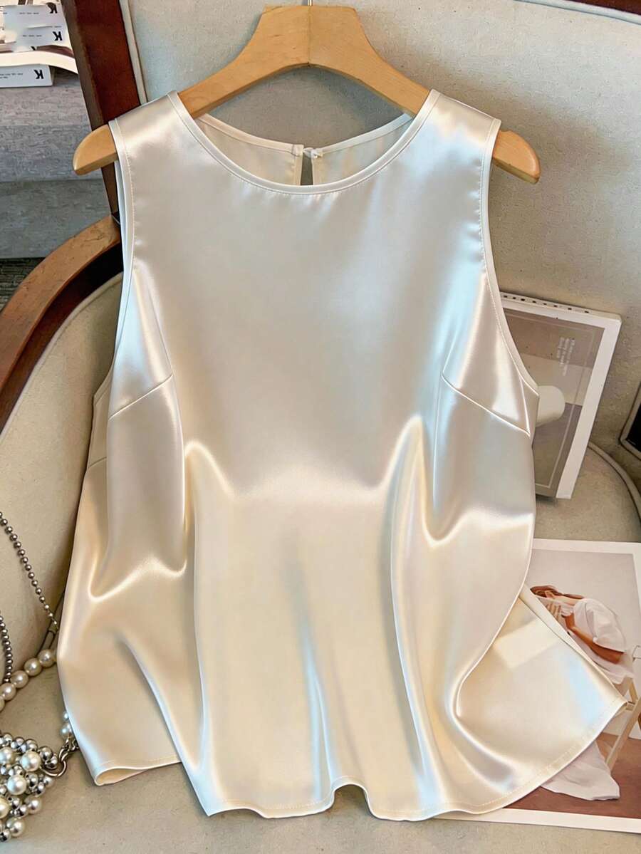 GlowEve CURVE 大码女式流行优雅圆领吊带背心,缎面亮面面料设计,修身显瘦,适合日常通勤、正式场合和户外活动 - 杏色 - 查看 1