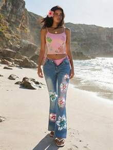 ROMWE 岛屿女孩热带串珠刺绣低腰紧身喇叭牛仔裤 - 淺色水洗藍 - 查看 6