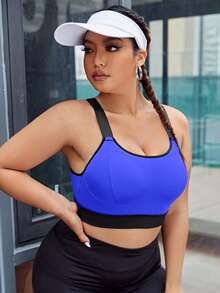 SHEIN Sports 加大码撞色包边交叉后背运动文胸，内置胸垫，不可拆卸胸垫，高支撑背心式设计，适合健身、瑜伽、跑步等运动，黑色，适合中国新年穿着 - 寶藍色 - 查看 5