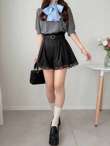 DAZY Women's Lace Patchwork Wide Leg Shorts Summer Going Out Black Elegant - Black - View 7