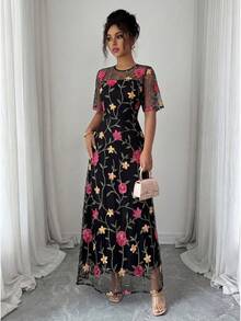 Elenzga 网纱刺绣花叶印花短袖优雅休闲拉链长连衣裙（女款） - 彩色 - 查看 3