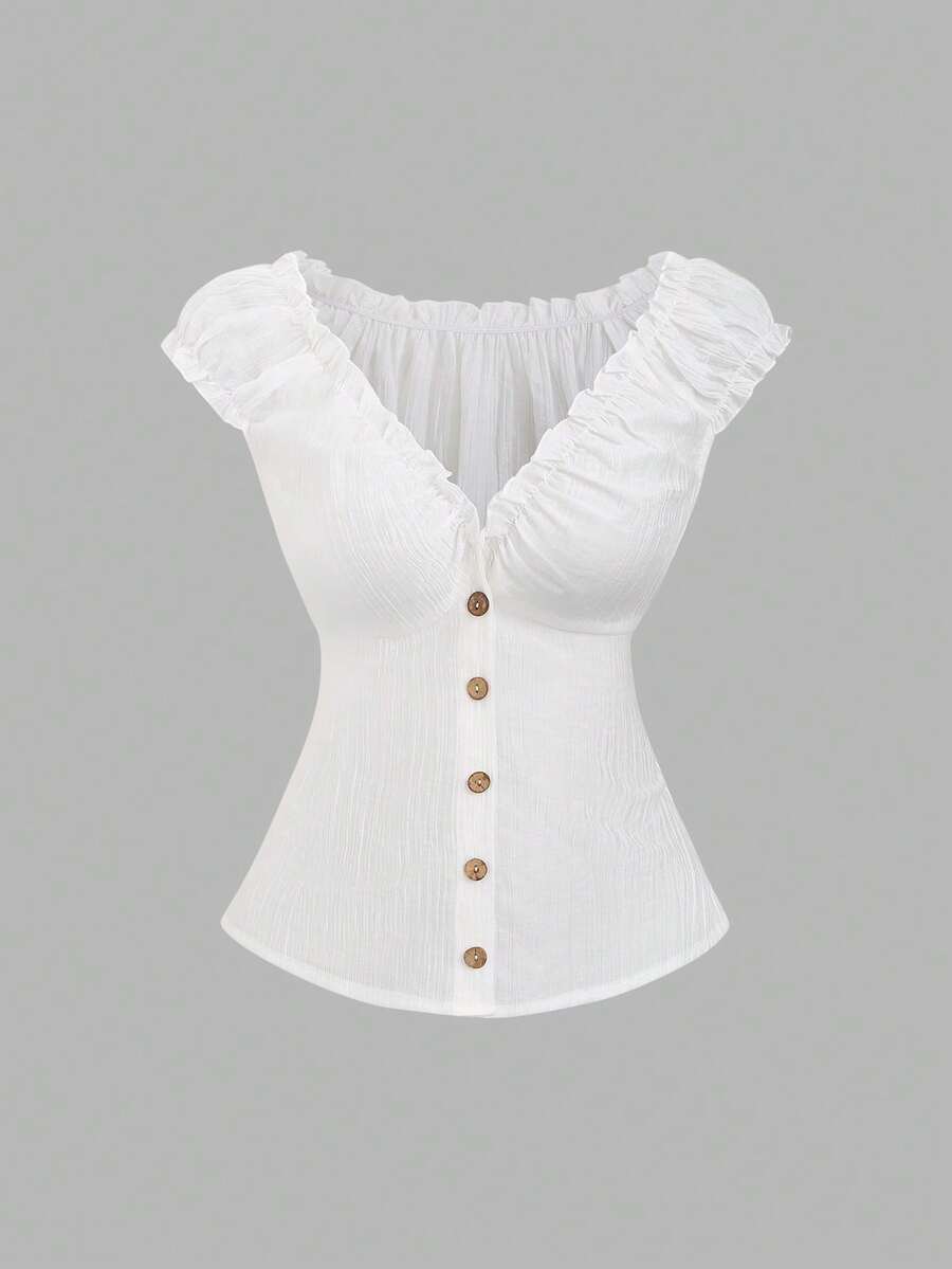 Sweetra French Retro Vertical Stripe Textured Ruffle Splice Wooden Button Puff Sleeve Women's Short Sleeve Blouse, Suitable For Spring/Summer Casual And Dating - White - View 1