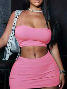 INAWLY 2pcs Women Casual Solid Color Ribbed Cropped Tube Top And Mini Skirt Set, Summer - Pink - View 3