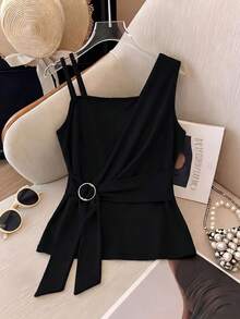 Elenzga Plus Size Women Elastic Knit Fashion Elegant Camisole With Top, Metal Buckle, Asymmetric Design, Suitable For Commuting, Shopping, Party, Daily Wear, All Seasons - Black - View 1