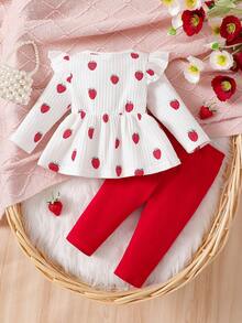 SHEIN Nuevo conjunto de 2 piezas de suéter de manga abullonada con estampado de corazones blancos y rojos y pantalones pitillo a juego para recién nacidos, ideal para fiestas y salidas - Multicolor - Ver 2