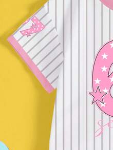 2件套，适合8-12岁女孩，条纹星形67号印花短袖上衣和短裤套装，运动甜美风格，活力四射，适合日常、上学、运动和夏季穿着。 - 彩色 - 查看 6