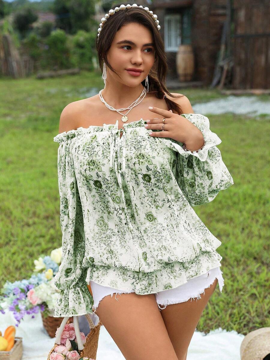 SHEIN LUNE 大码女式露肩碎花系带灯笼袖浪漫优雅长袖衬衫，适合派对、度假、户外活动 - 橄欖綠 - 查看 1