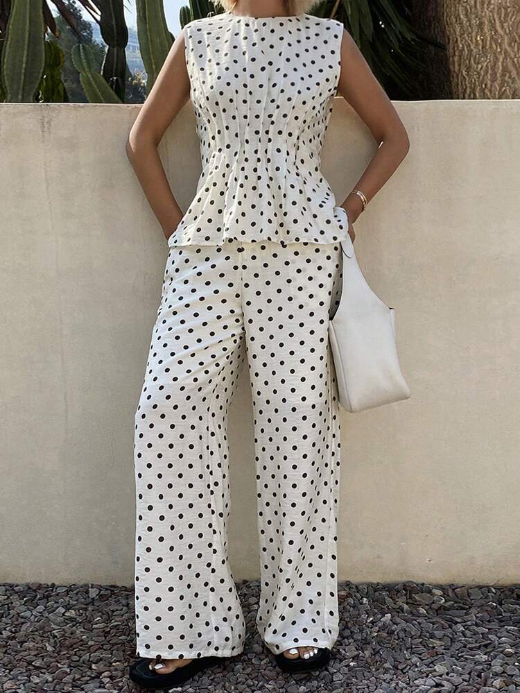 Spring & Summer Vacation Style Beach Polka Dot Ruched Waist Loose 2 Pieces Set For Women