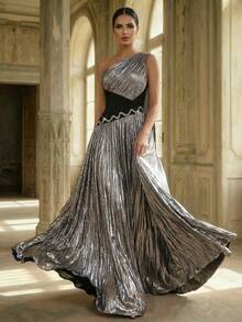 Aureia Elegant, Glamorous, And Stylish, This Black And Silver Color-Blocked Dress Features A Coated, Stretch Knit Fabric, Handcrafted Rhinestone Chain Embellishments, Asymmetrical Shoulder And Waistline, A Super-Large A-Line Silhouette, And A Train. Suitable For All Formal Occasions, Including Weddings, Dates, Parties, And Elaborate Evening Gowns. - Black - View 1