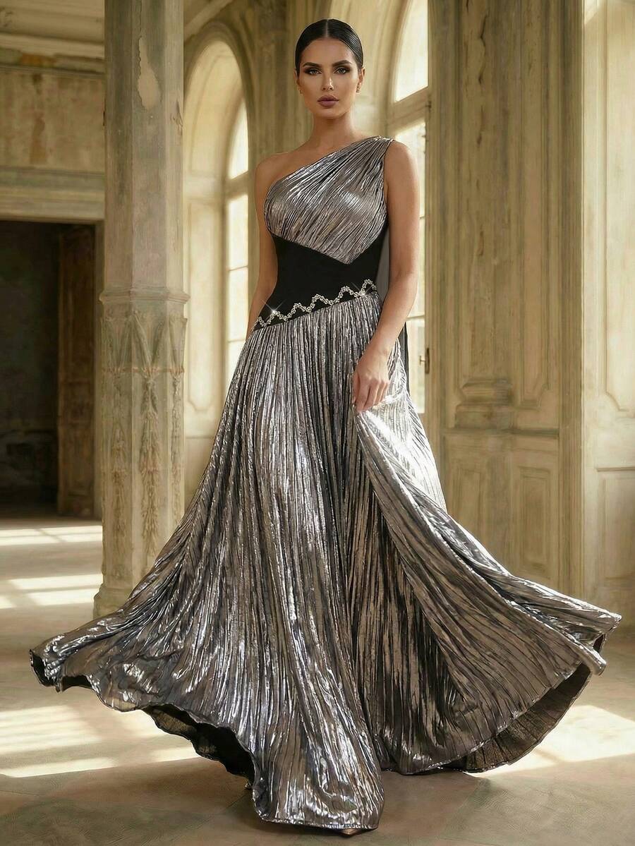 Aureia Elegant, Glamorous, And Stylish, This Black And Silver Color-Blocked Dress Features A Coated, Stretch Knit Fabric, Handcrafted Rhinestone Chain Embellishments, Asymmetrical Shoulder And Waistline, A Super-Large A-Line Silhouette, And A Train. Suitable For All Formal Occasions, Including Weddings, Dates, Parties, And Elaborate Evening Gowns. - Black - View 1