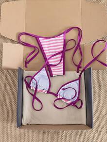 Swim Mod Conjunto de bikini de mujer con estampado de rayas de triángulo micro y cuello halter - Rosa Fucsia - Ver 2