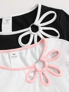 SHEIN 2件組青少年女孩黑白配色夏季Y2K度假開學季不對稱領口抓皺腰金屬扣不對稱短袖T恤可愛上衣 - 彩色 - 查看 3