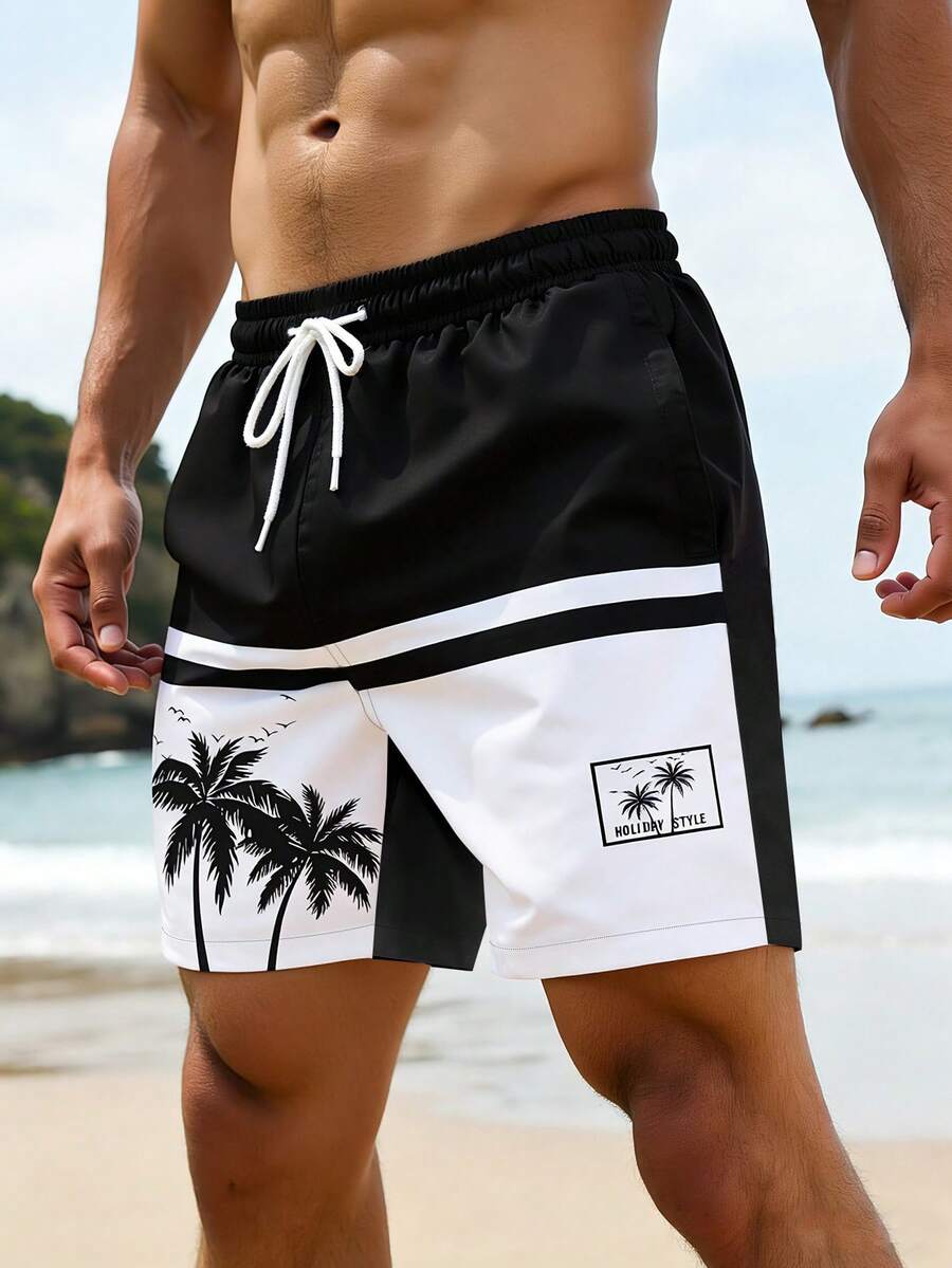 Manfinity Swimmode Men's Black Summer Casual Beach Holiday Vacation Printed Shorts,Elastic Waist Drawstring Tropical Swim Trunks,Outdoor Sports Bathing Suits Board Wear - Multicolor - View 1