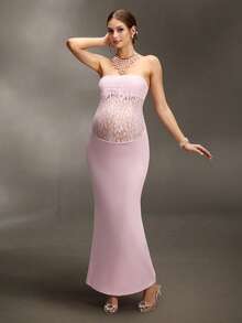 Cheriluna Maternity 孕妇撞色蕾丝修身优雅孕妇照拍摄连衣裙 - 淺粉色 - 查看 1