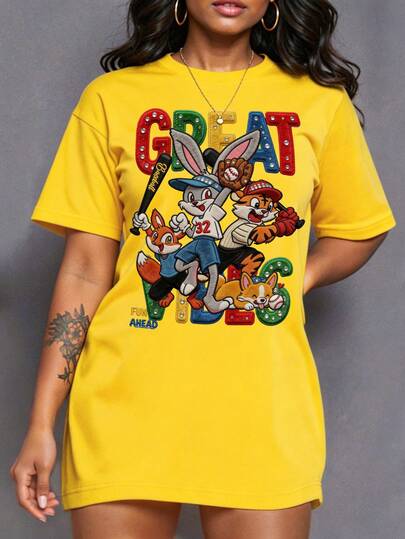 Maweii Plus Size Round Neck Short Sleeve Cute Cartoon Print T-Shirt, Summer