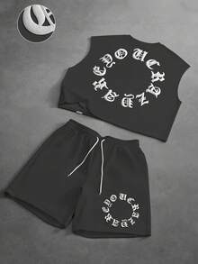 PAVTROS 男士极简印花无袖背心和短裤套装 - 深灰色 - 查看 6