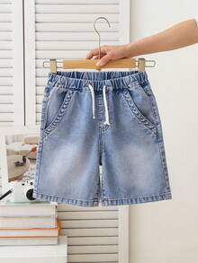 Tween Boy Back-To-School Summer Casual School Aqua Blue Denim Bermuda Shorts,Elastic Waist Drawstring Washed Straight Loose Fit Daily Wear Holiday - Medium Wash - View 3