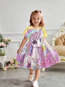 Elladie kids 女童圆领卡通独角兽可爱印花修身休闲时尚连衣裙，适合假日派对、旅行和夏季穿着 - 黃色 - 查看 3