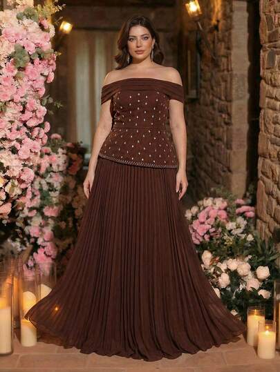 Aureia Đầm chữ A dáng rộng màu nâu sang trọng, cỡ lớn, cổ trễ vai, xếp ly, vạt váy độc đáo, đính hạt 3D lấp lánh, chất liệu chiffon cao cấp, thích hợp cho hẹn hò, du lịch, tiệc độc thân, đám cưới, hoặc làm đầm dạ hội.