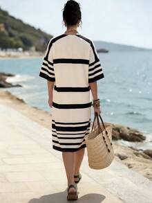 SHEIN LUNE 女士夏季新款杏色黑色条纹数码印花V领落肩短袖宽松A字休闲度假沙滩复古简约百搭日常波西米亚风中长连衣裙 - 杏色 - 查看 2