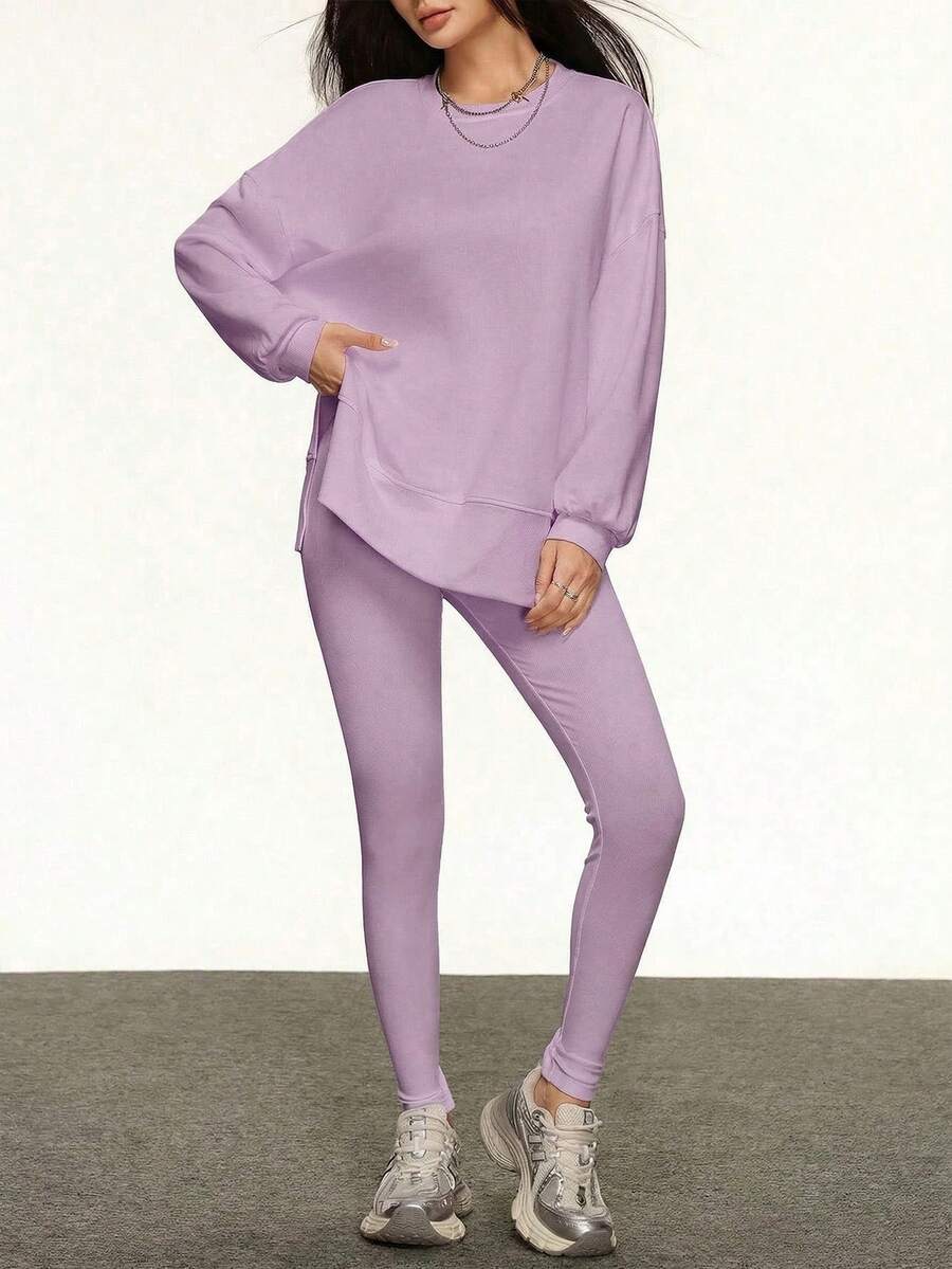 INAWLY Women's Solid Color Round Neck Long Sleeve Top And Leggings Casual 2 Pieces Set - Purple - View 1