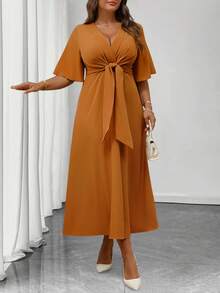 Elenzga Plus Size Women's Elegant Daily Wear V-Neck Ruffle Short Sleeve Tie-Waist A-Line Maxi Dress - Orange - View 3