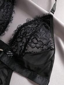 Spicy Aura Plus Size Floral Lace Patchwork Jumpsuit, Rhinestone Button Sparkling Glamorous Outfit For Masquerade Ball, Bar Party, Club, Music Festival, Lingerie - Black - View 3