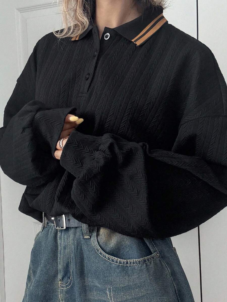 FRIFUL Women's Black Contrast Color Lapel Textured Fabric Drop Shoulder Long Sleeve Loose Casual Versatile T-Shirt, Autumn - Black - View 1