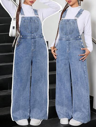 SHEIN Teen Girls Fashion Casual Y2k Vintage Cool Street Returns To School College Pocket Design Blue Denim Overalls For Teen Girl Clothes Teen Girls Soft Dailywear And Teen Girl Winter And Fall Rave Outfits Festival And Outfits Streetwear School Clothes Teen Overalls Wide Leg Denim Overalls