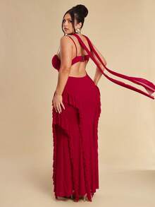 SHEIN BAE Women's Plus Size Elegant Burgundy Summer Maxi Dress,Chic Red Spaghetti Strap Ruffle Dress,Night Out Club Strappy Neckline Special Occasion Dress - Red - View 7