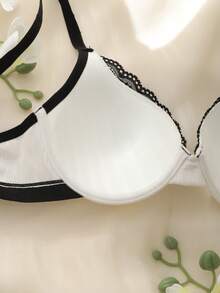 1pc Pure Texture Fabric Set, Lace Cup Bra With Underwire, Innocent Homewear Women's Lingerie - Black and White - View 4