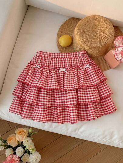 SHEIN MOD 大码女式蝴蝶结红色格子伞裙，夏季度假格子A字裙，校服百褶裙