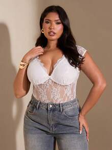 SHEIN BAE 大码女士夏季V领撞色蕾丝连体衣 - 白色 - 查看 7