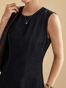 Dazy-Less Đầm denim midi không tay phối nhiều mảnh, đường may kiểu công chúa, phong cách công sở thường ngày, thích hợp cho mùa xuân và hè. - Màu xanh lam - Xem 7