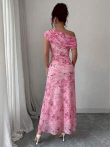 Modelyn 花卉蝴蝶印花网纱不对称荷叶边浪漫夏季优雅中长连衣裙 - 粉色 - 查看 2