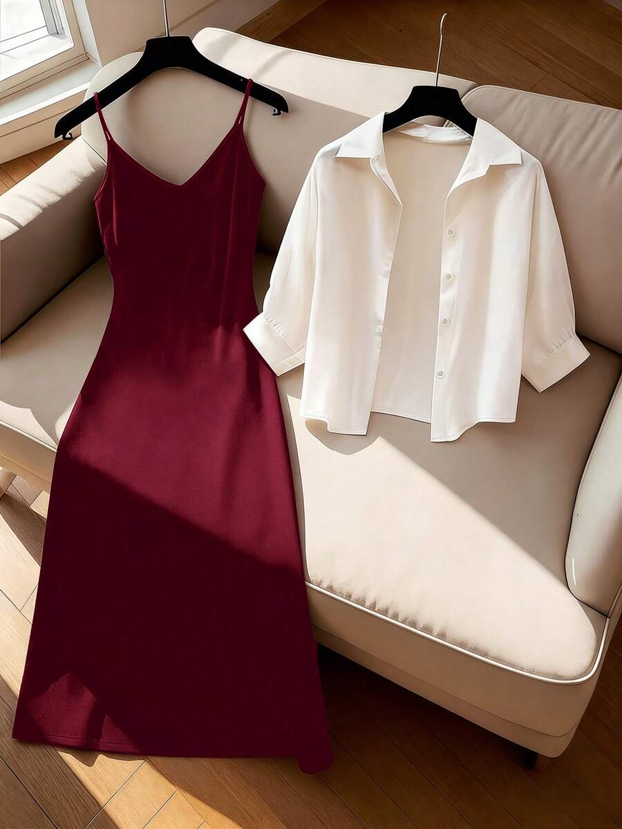 GlowEve Women's Solid Color Single-Breasted Shirt And Camisole Dress Casual 2 Pieces Set - Burgundy - View 1