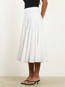 KSTM 结构拼接中长半身裙 高腰褶裥A字白色半身裙 优雅办公室商务休闲日常连衣裙半身裙 - 白色 - 查看 1