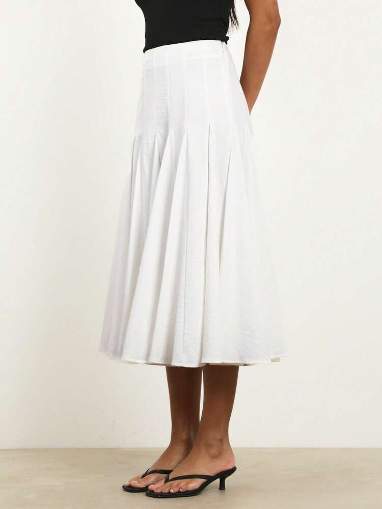 KSTM Structured Panel Midi Skirt High Waisted Pleated A Line White Skirt Elegant Office Wear Business Casual Day Dress Skirt
