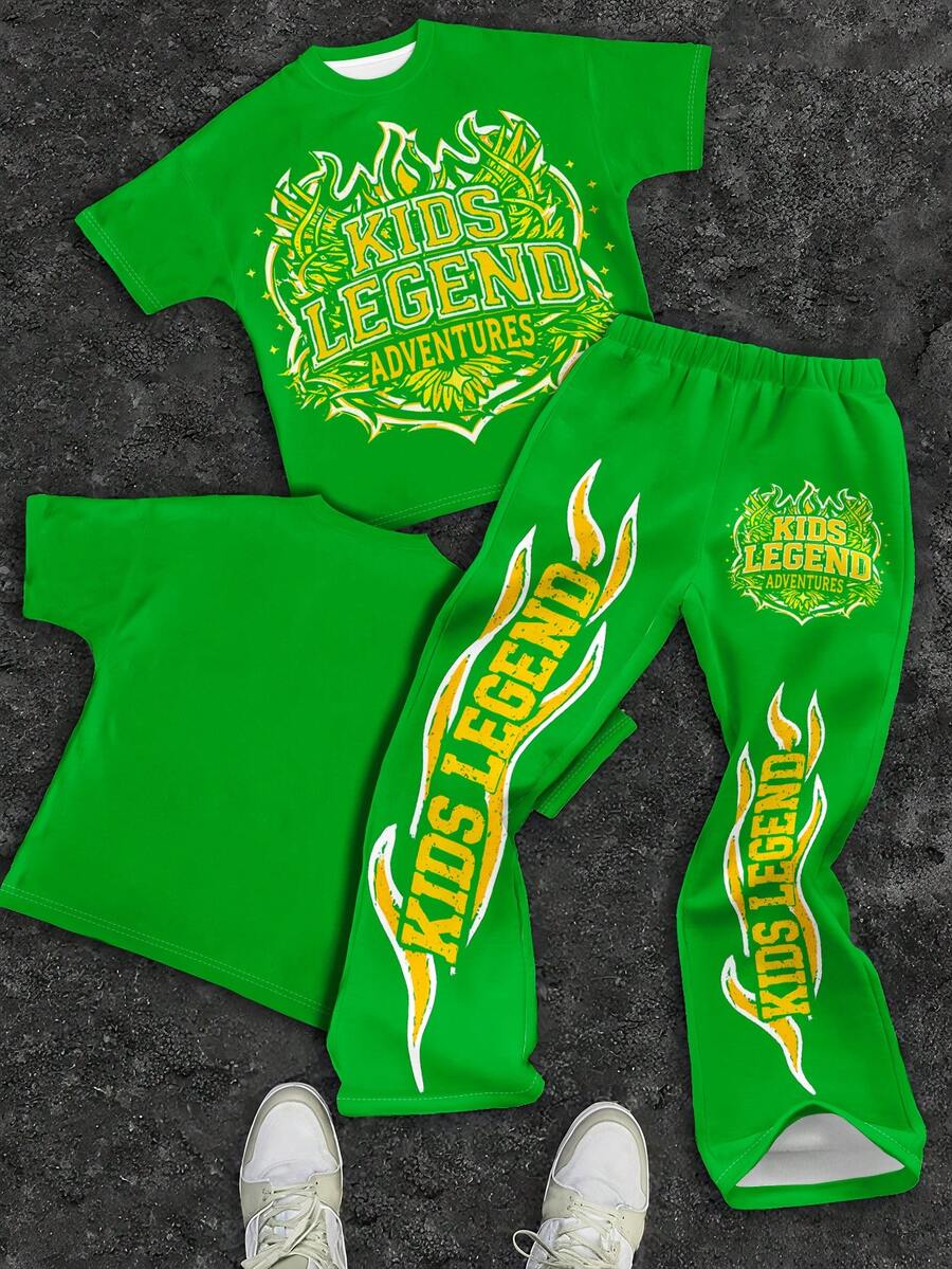 Tween Boy Green Summer Streetwear City Break Graphic Print Round Neck Short Sleeve T-Shirt And Flare Pants Set,Y2K Kids Legend Activewear Outfit - Multicolor - View 1