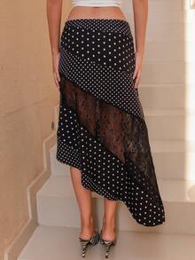 Bris Aura 女士优雅通勤波尔卡圆点印花撞色蕾丝半身裙 - 黑色 - 查看 2