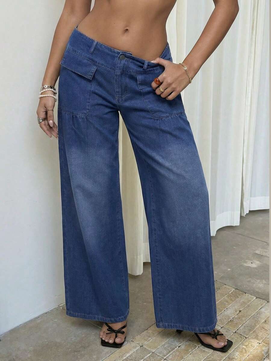 Sunnyshic 女士口袋纽扣休闲百搭日常穿着阔腿牛仔裤 - 藍色 - 查看 1