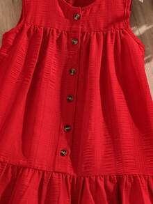 Genkimix Kids Young Girl Solid Color Round Neck Sleeveless Ruffle Front Button Summer Dress 7th Birthday - Red - View 4
