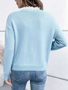 EMERY ROSE French Elegant Neck Romantic Lace Pullover Sweater For Women - Baby Blue - View 2