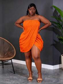 CurvyTilda Plus Size Women Green Textured Strapless Bodycon Mini Dress, Suitable For Holiday, Sexy, Beach, Party Elegant Summer - Orange - View 3