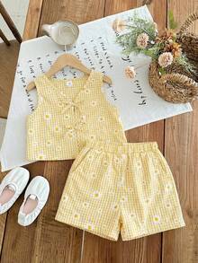 Emery Rose Kids Emery Rose Kids 两件套女童条纹圆领上衣和短裤套装 - 黃色 - 查看 3