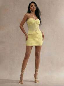 Swim Glamine Women's Vacation Solid Color Twist Bandeau Top And Ruched Mini Skirt Sexy 2 Pieces Set Yellow Dresses For Women Yellow Two Pieces Outfit Women Summer Set - Yellow - View 6