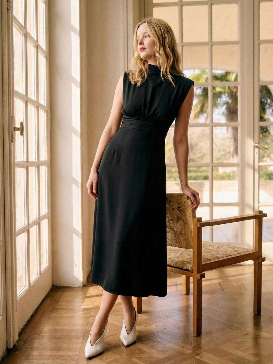 SHEIN BIZwear Women's Solid Color Wide Shoulder High Neck Waist Cinched Dress, Elegant For Wedding Season, Basic Business Casual Dress, Graceful Attire For Ladies, Suitable For Concerts, Wedding Guest Outfits - Black - View 1