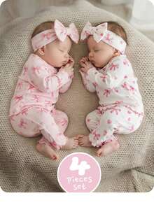 SHEIN Bộ đồ ngủ dài tay 4 món cho bé gái sơ sinh, kiểu dáng dễ thương, chất liệu dệt kim, họa tiết nơ. - Nhiều màu - Xem 9