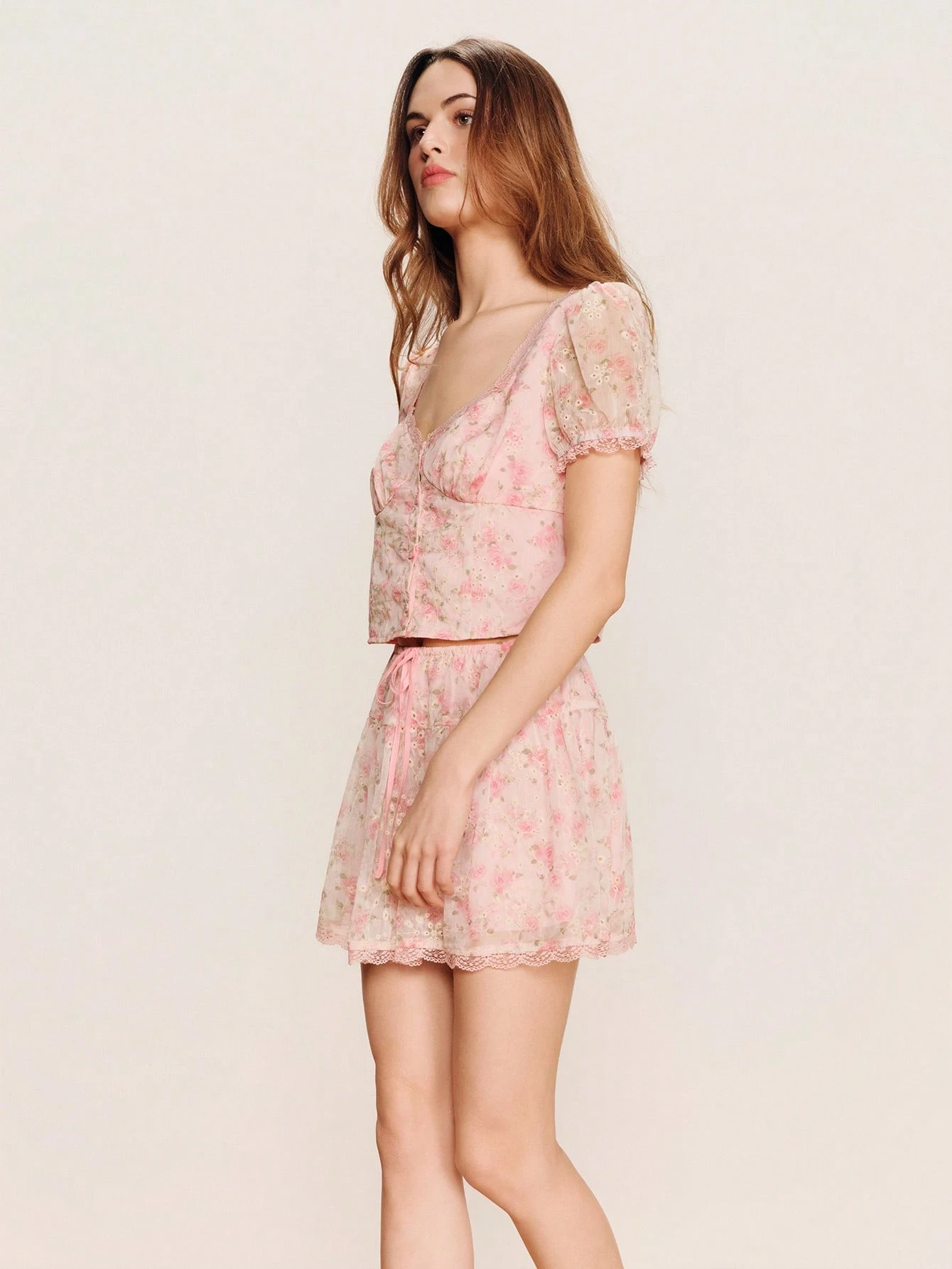 Romantic Pink Eyelet-Embroidered Set With Puff-Sleeve Top And Matching Skirt Cute Two Pieces Floral Set Pink Floral Top And Shorts Set Spring Summer French Style Parisian Style